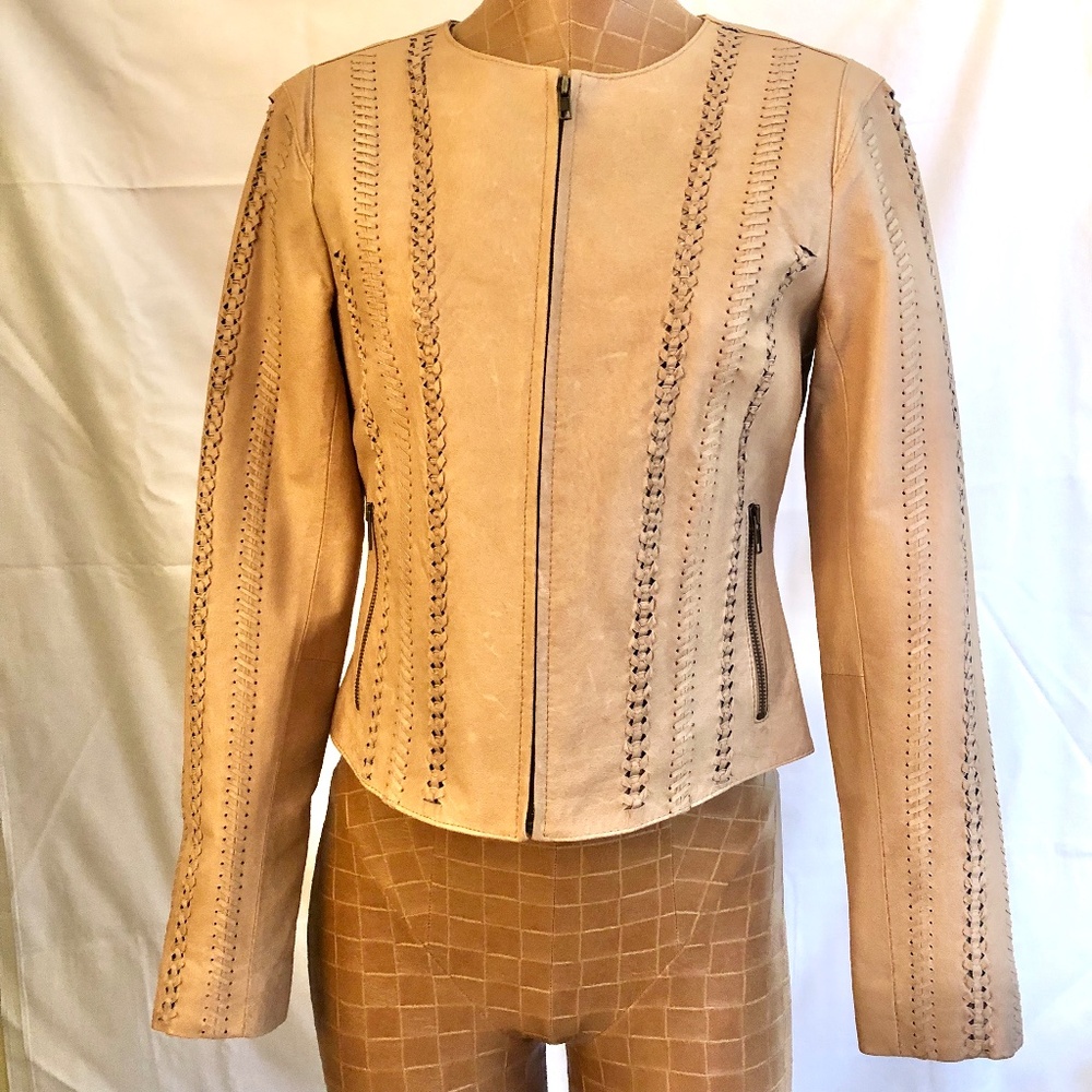 NWOT Collarless Braid Woven Leather Jacket, Tan
